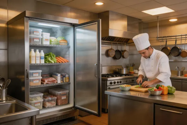 Commercial kitchen with walk-in cooler refrigeration